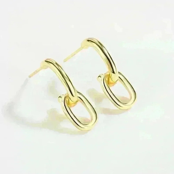 Sterling Silver 18K Gold Simple Oval Style Earrings - Picture 1 of 2